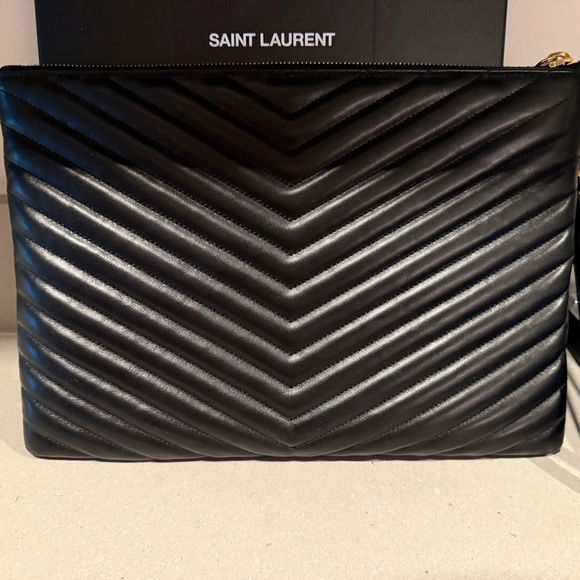 Authentic Saint Laurent Black Quilted Leather Clutch with Gold YSL Logo - Picture 3 of 16